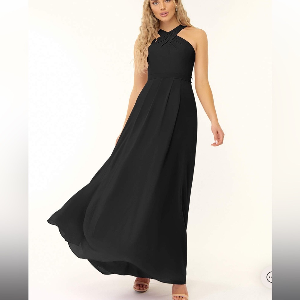 NWT Azazie Dixie Black Flowy Maxi Halter Pleated Chiffon Dress Size A6
